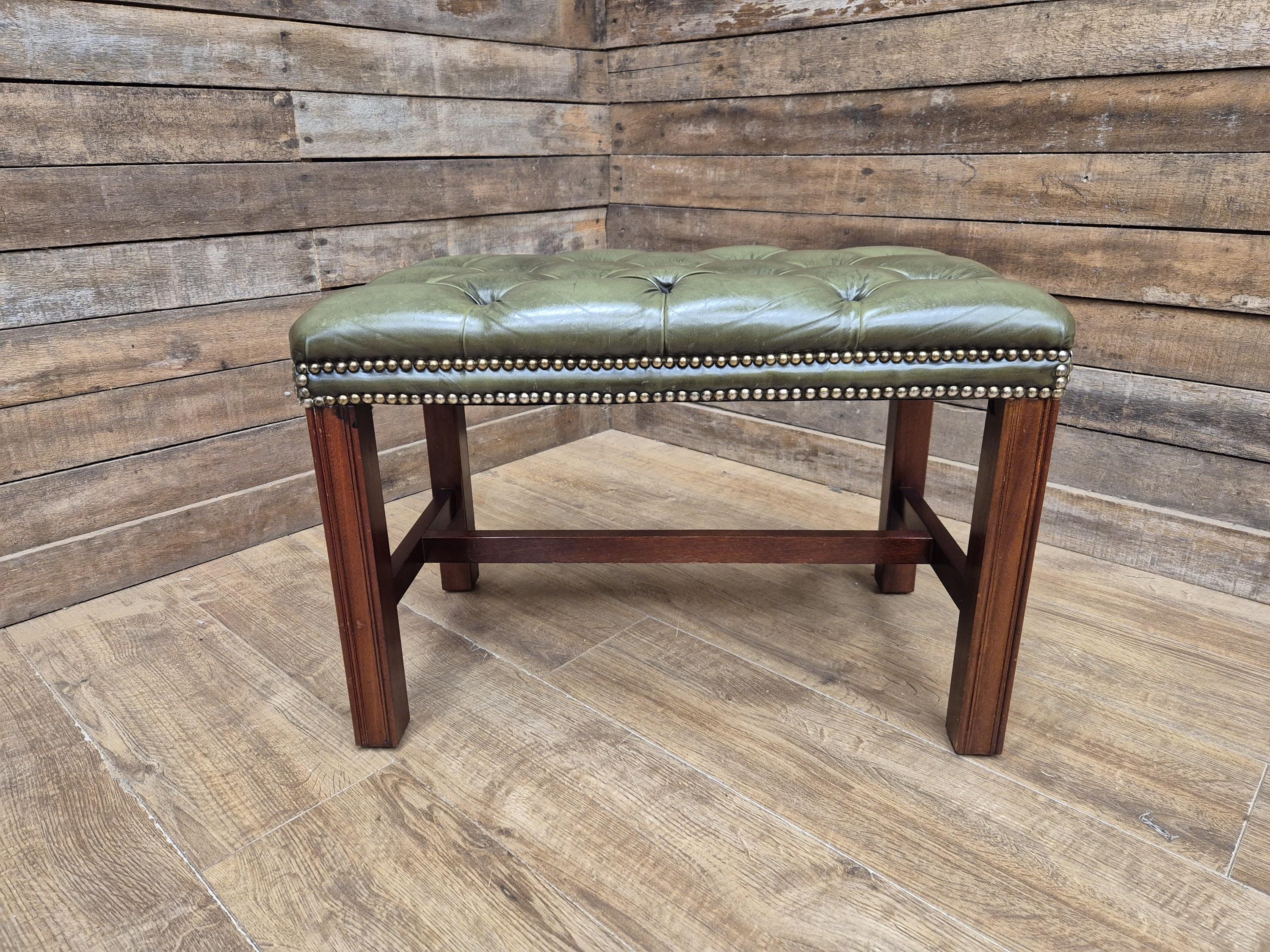 Green Button Tufted Leather Chesterfield Bench Stool with Stud Detail Wood Base