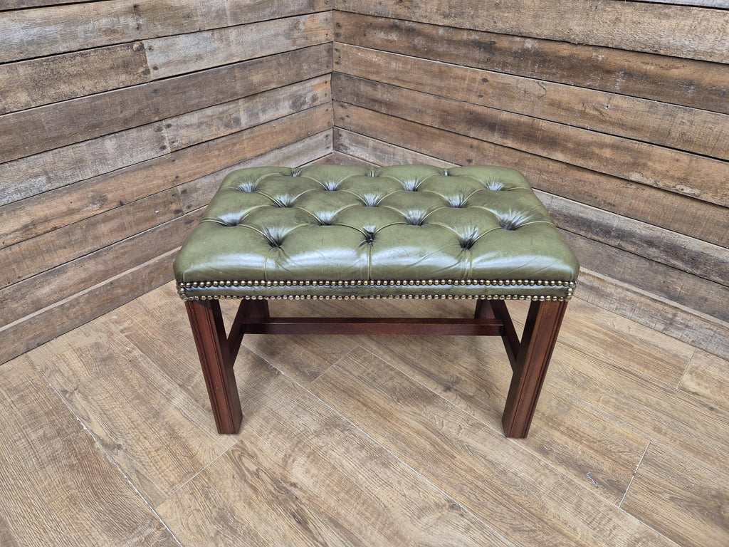 Green Button Tufted Leather Chesterfield Bench Stool with Stud Detail Wood Base