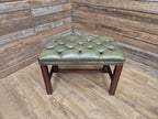 Green Button Tufted Leather Chesterfield Bench Stool with Stud Detail Wood Base