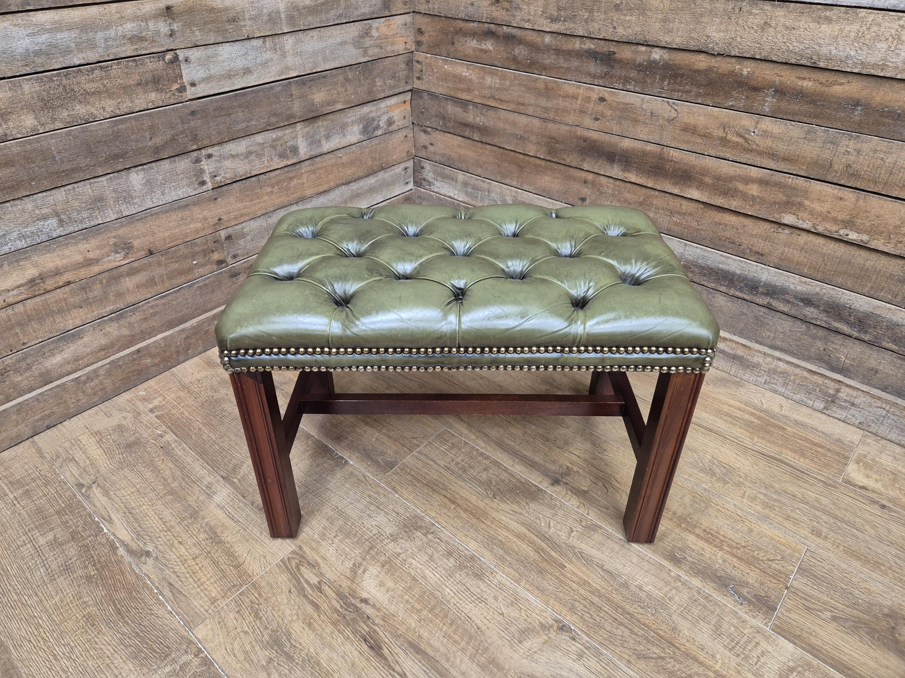 Green Button Tufted Leather Chesterfield Bench Stool with Stud Detail Wood Base