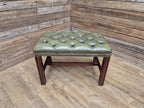 Green Button Tufted Leather Chesterfield Bench Stool with Stud Detail Wood Base