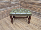 Green Button Tufted Leather Chesterfield Bench Stool with Stud Detail Wood Base