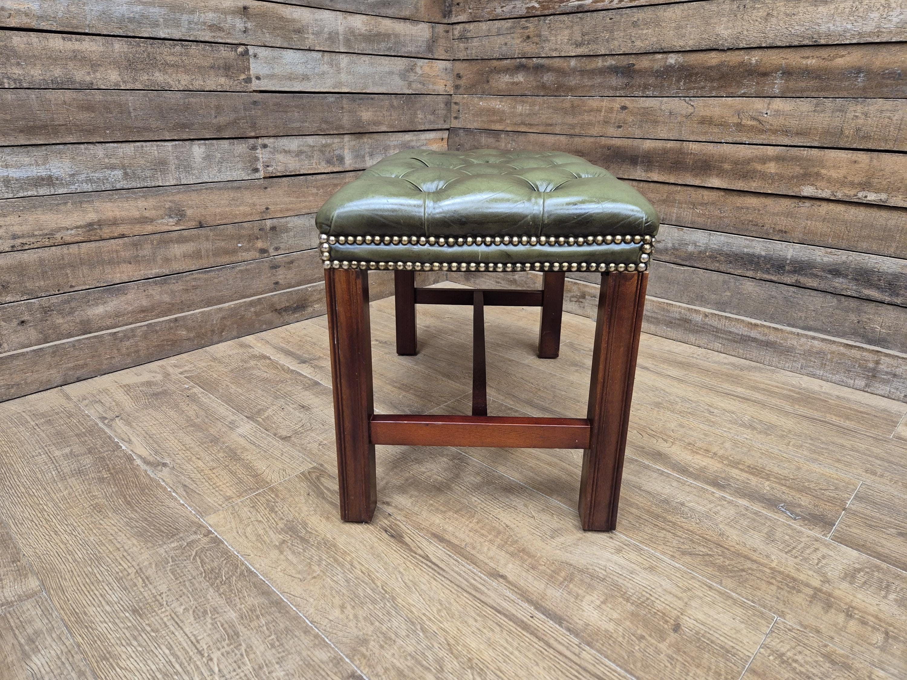 Green Button Tufted Leather Chesterfield Bench Stool with Stud Detail Wood Base