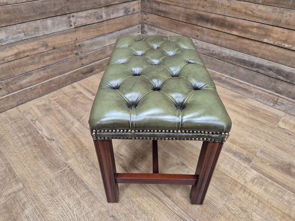 Green Button Tufted Leather Chesterfield Bench Stool with Stud Detail Wood Base