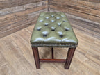 Green Button Tufted Leather Chesterfield Bench Stool with Stud Detail Wood Base