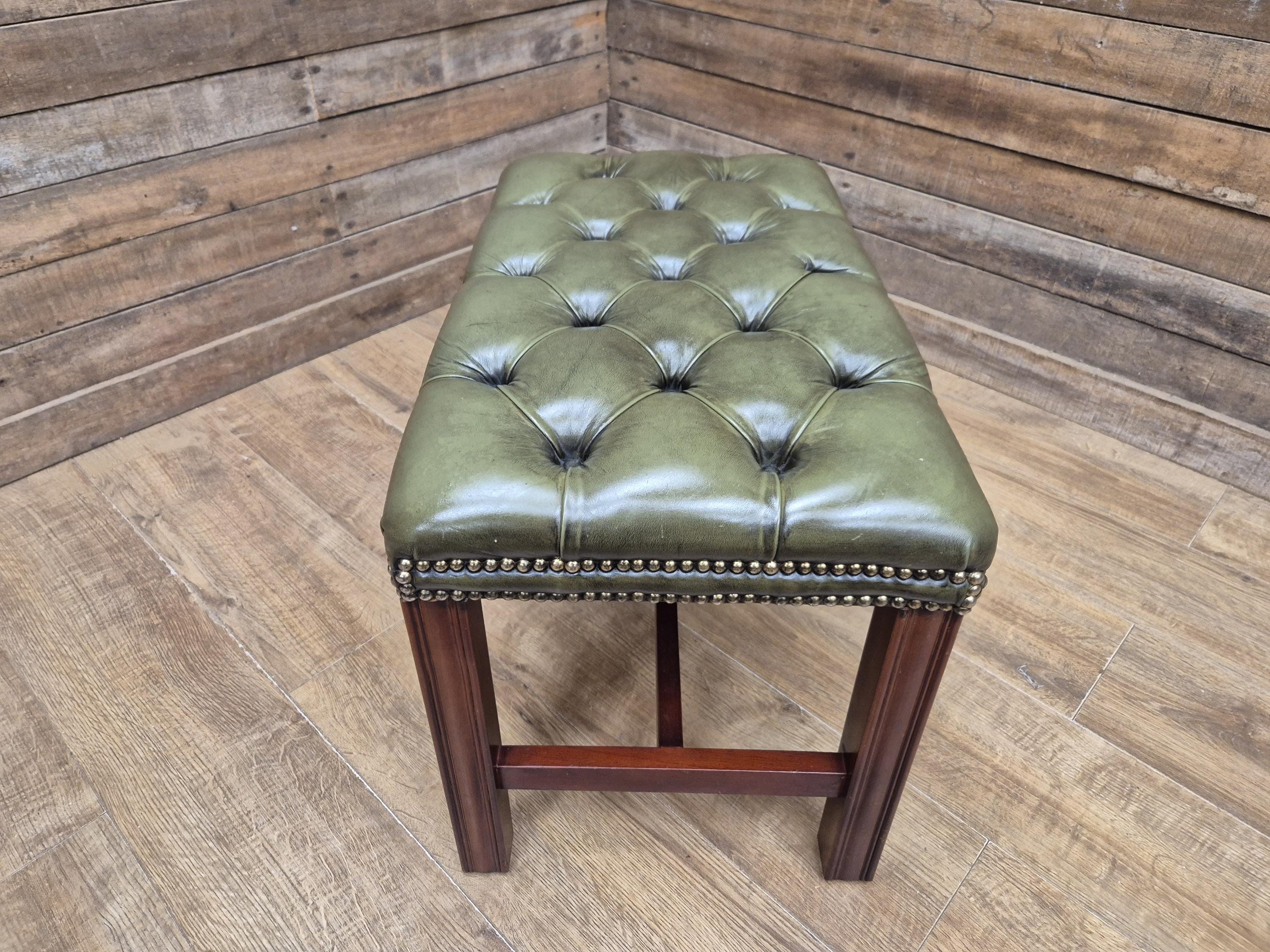 Green Button Tufted Leather Chesterfield Bench Stool with Stud Detail Wood Base