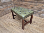 Green Button Tufted Leather Chesterfield Bench Stool with Stud Detail Wood Base