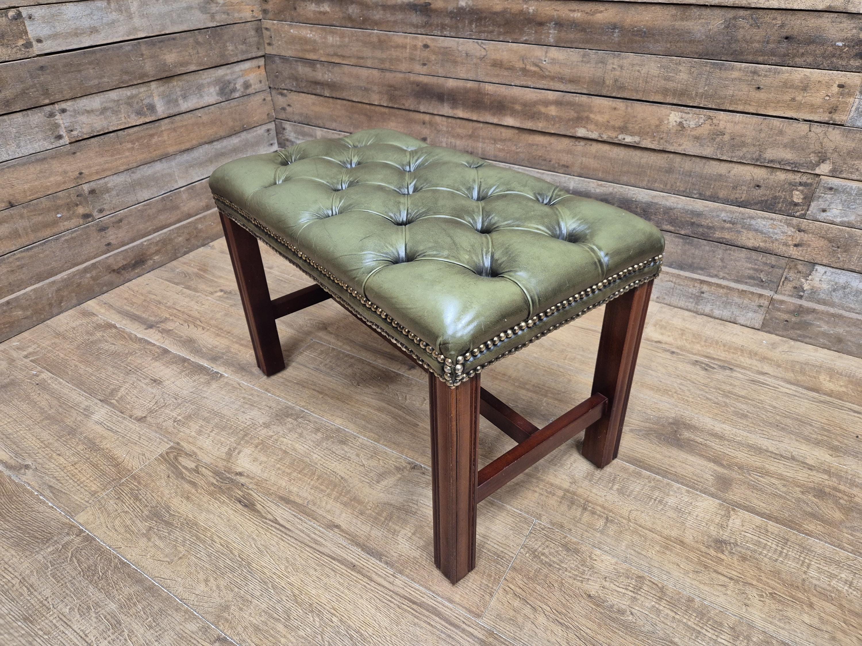 Green Button Tufted Leather Chesterfield Bench Stool with Stud Detail Wood Base