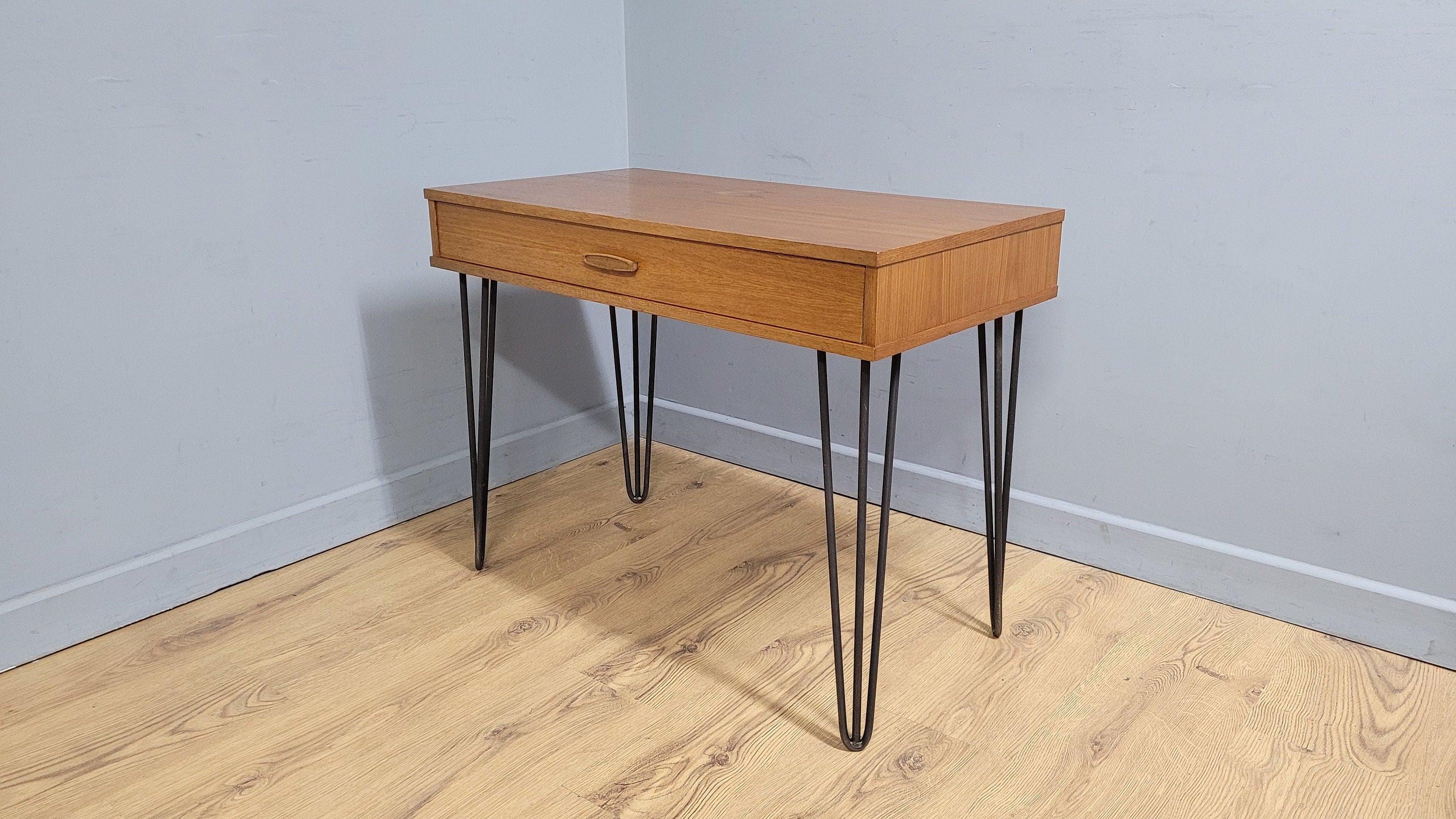 Mid Century Avalon Teak Side Table with Drawer Hairpin Legs Up Cycled Sideboard