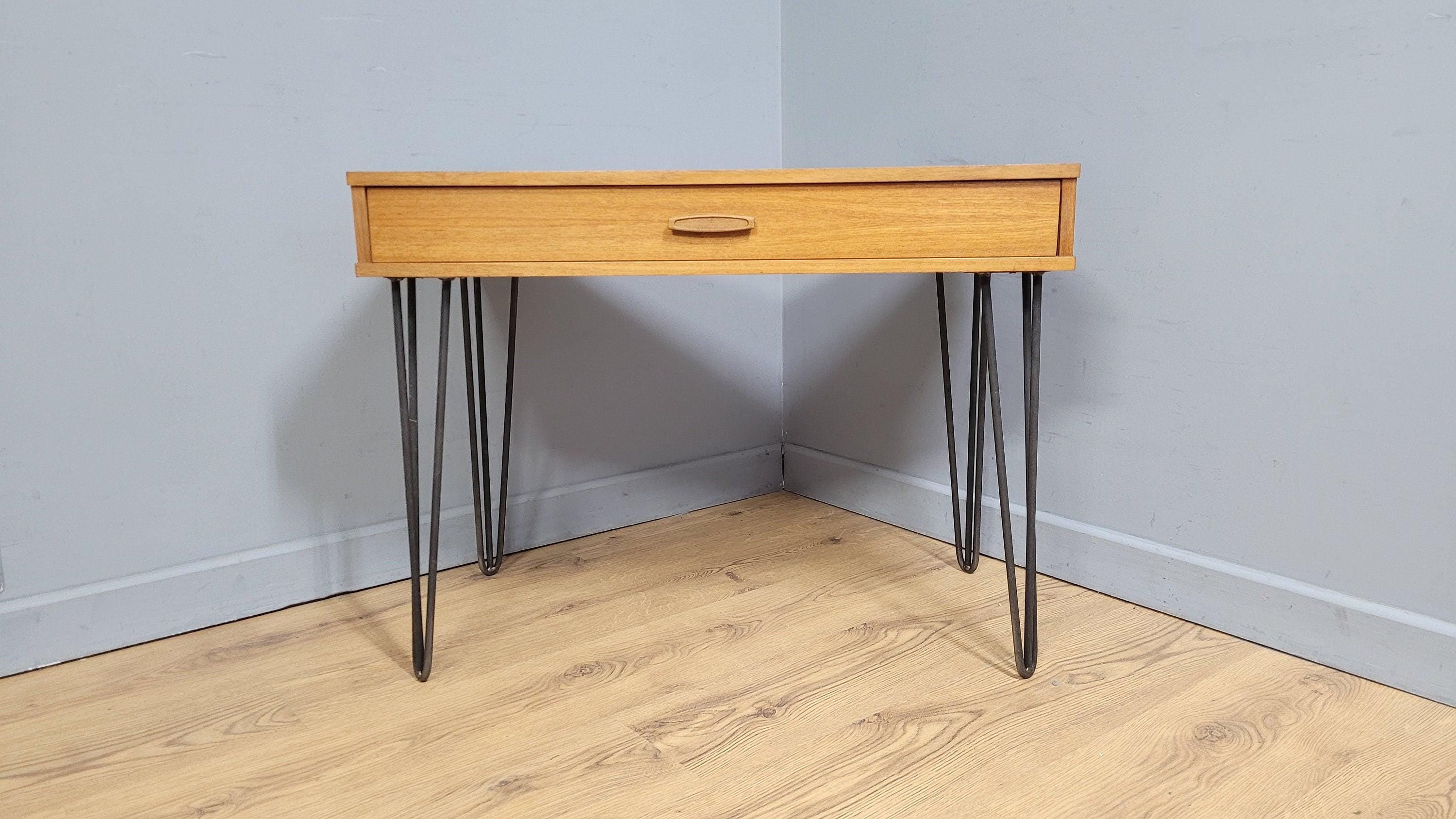 Mid Century Avalon Teak Side Table with Drawer Hairpin Legs Up Cycled Sideboard