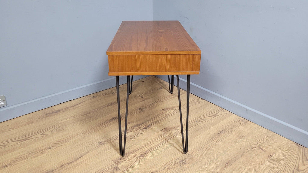 Mid Century Avalon Teak Side Table with Drawer Hairpin Legs Up Cycled Sideboard