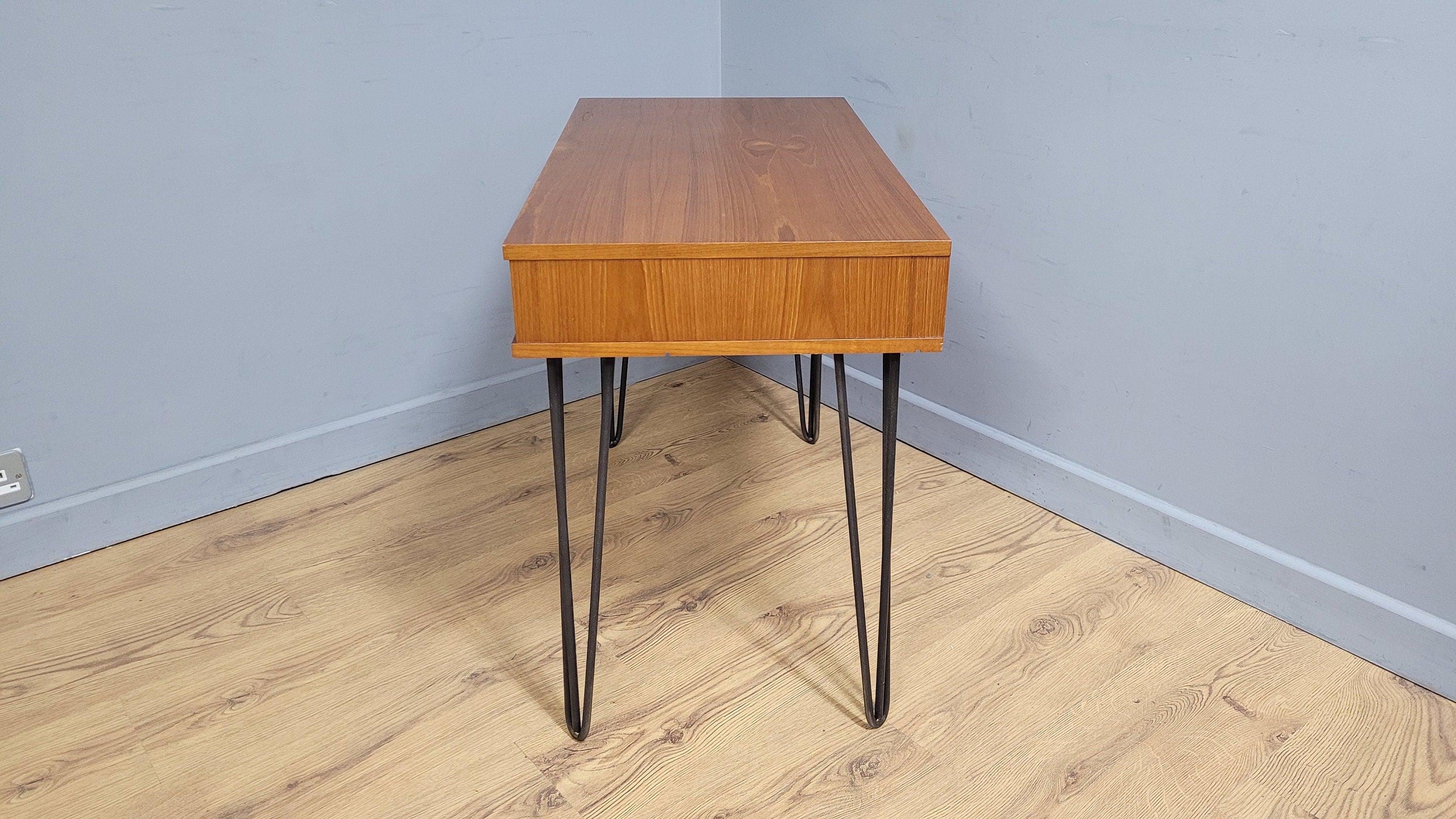 Mid Century Avalon Teak Side Table with Drawer Hairpin Legs Up Cycled Sideboard