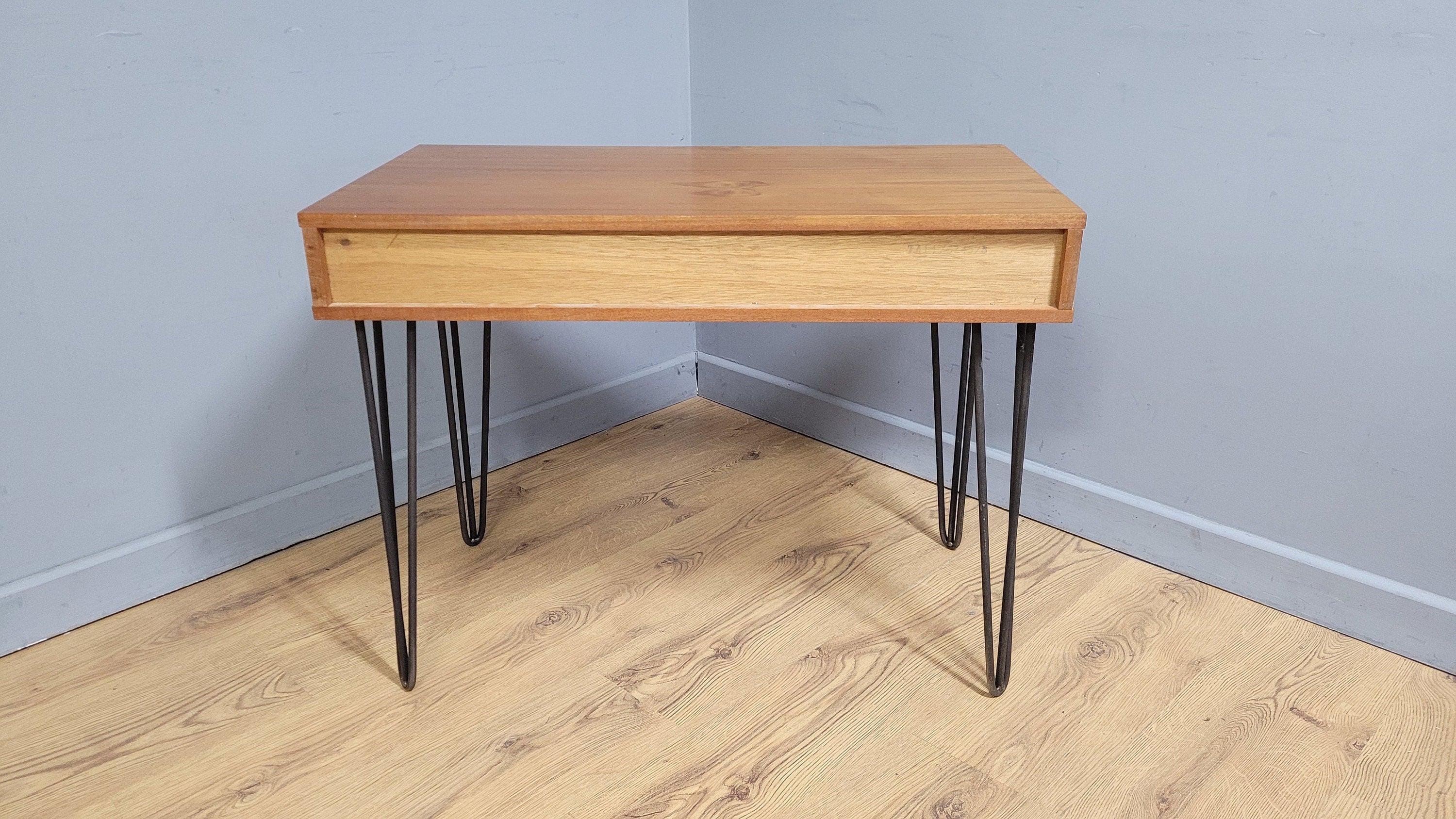 Mid Century Avalon Teak Side Table with Drawer Hairpin Legs Up Cycled Sideboard