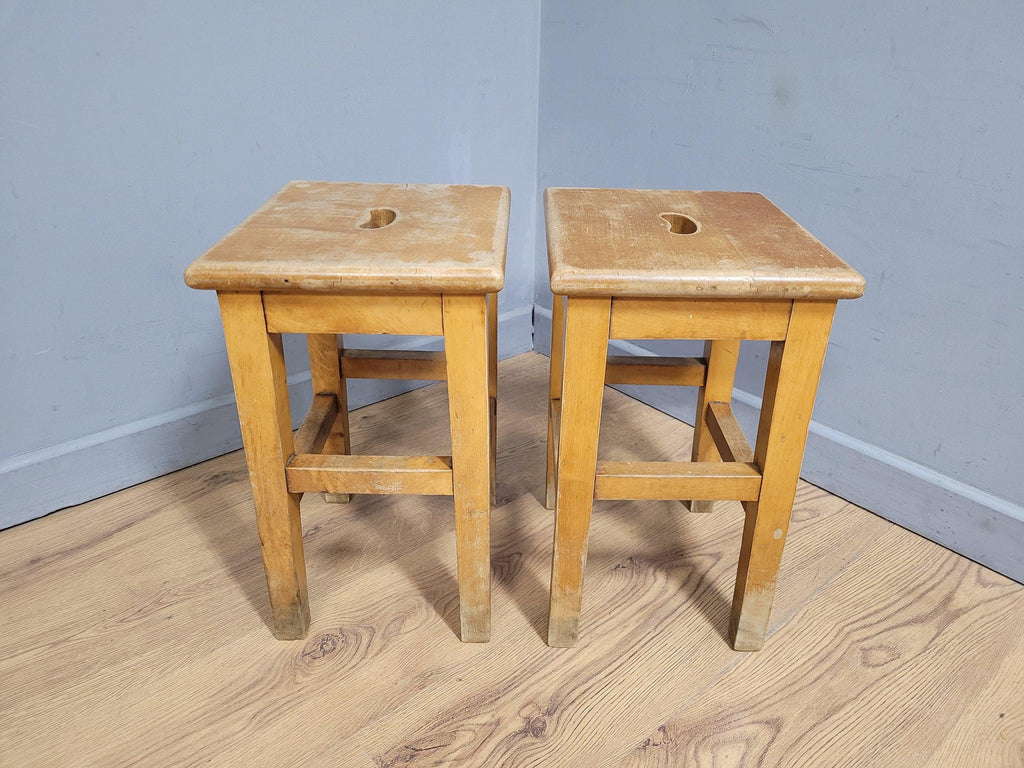 Vintage Pair Of Short Old School Lab Stools Ideal For Kitchen Table Blonde Wood