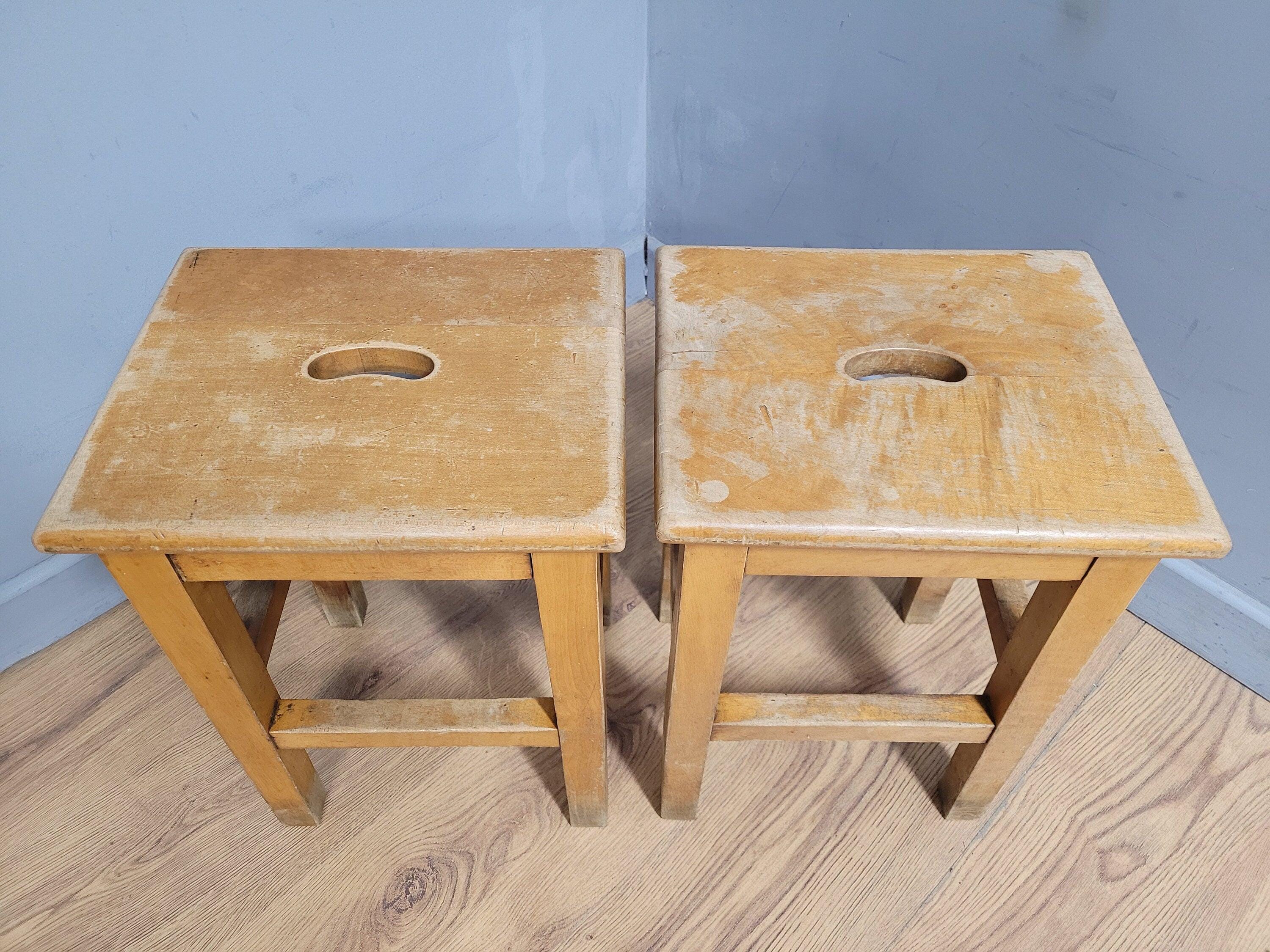 Vintage Pair Of Short Old School Lab Stools Ideal For Kitchen Table Blonde Wood