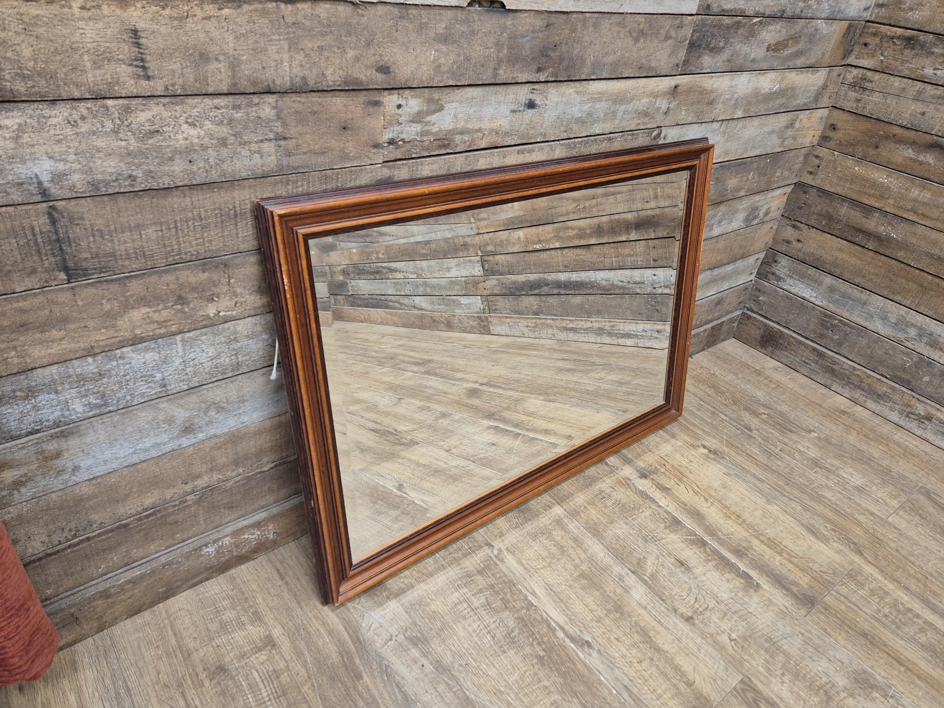 Large Bevel Edged Vintage Wood Rectangular Over Mantle Wall Mirror
