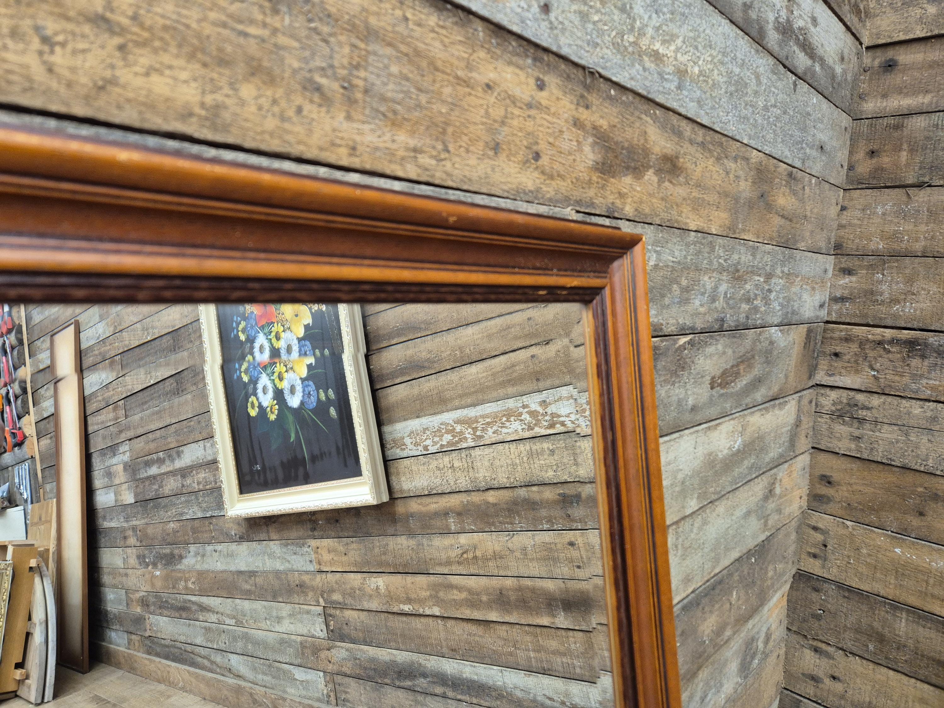 Large Bevel Edged Vintage Wood Rectangular Over Mantle Wall Mirror