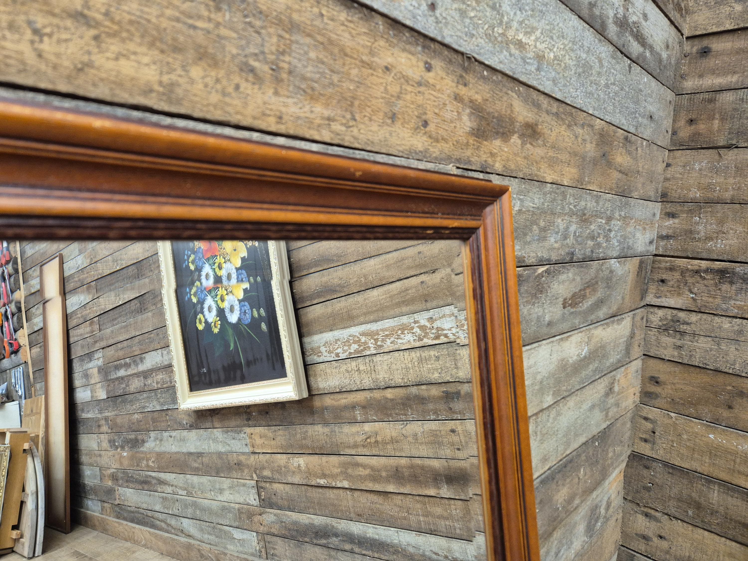 Large Bevel Edged Vintage Wood Rectangular Over Mantle Wall Mirror
