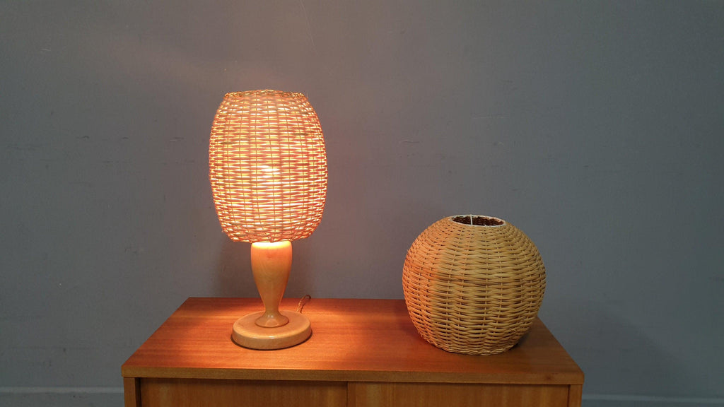 Vintage Wicker Rattan Wooden Table Lamp and Matching Ceiling Pendant Light Shade