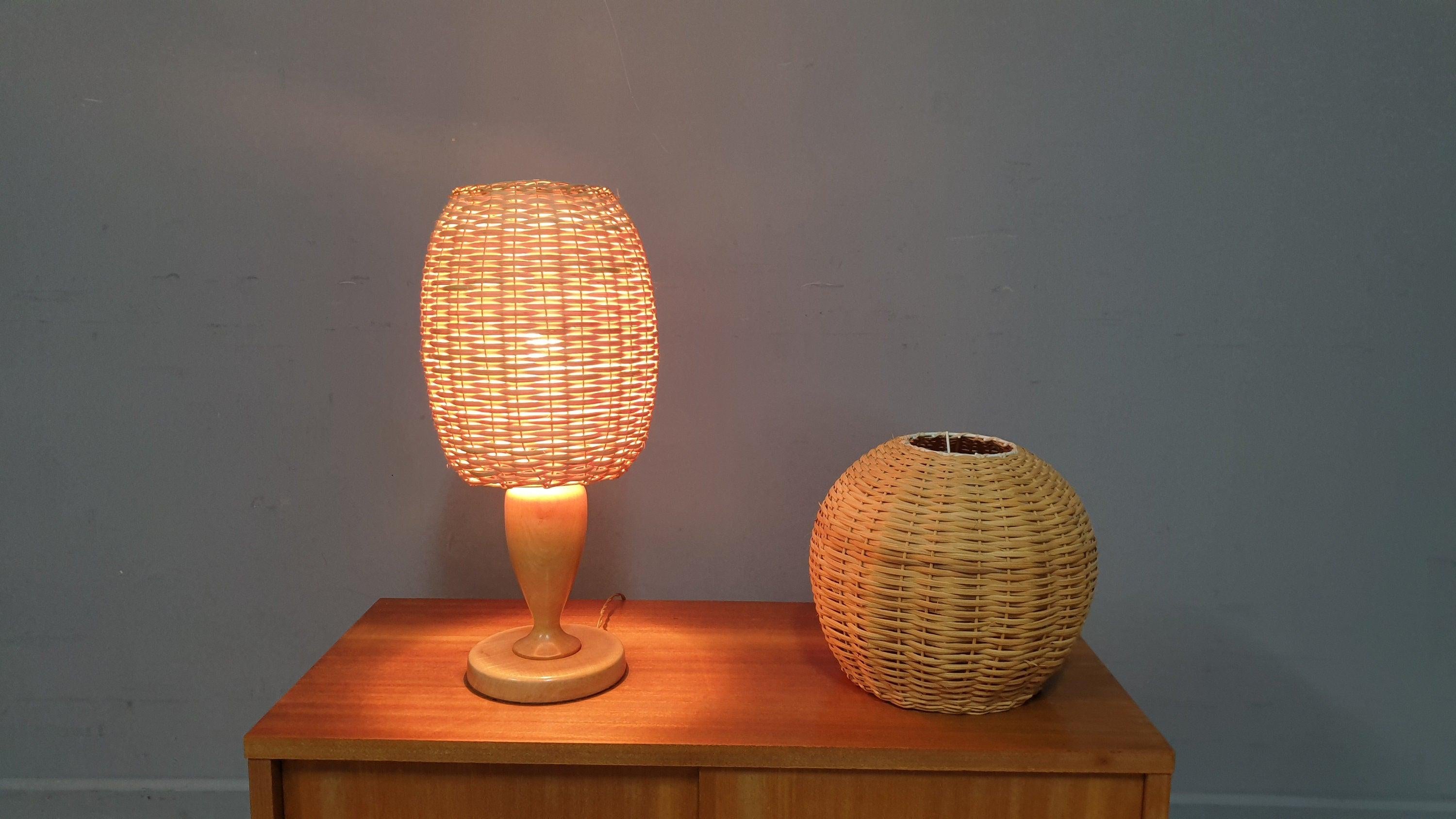 Vintage Wicker Rattan Wooden Table Lamp and Matching Ceiling Pendant Light Shade