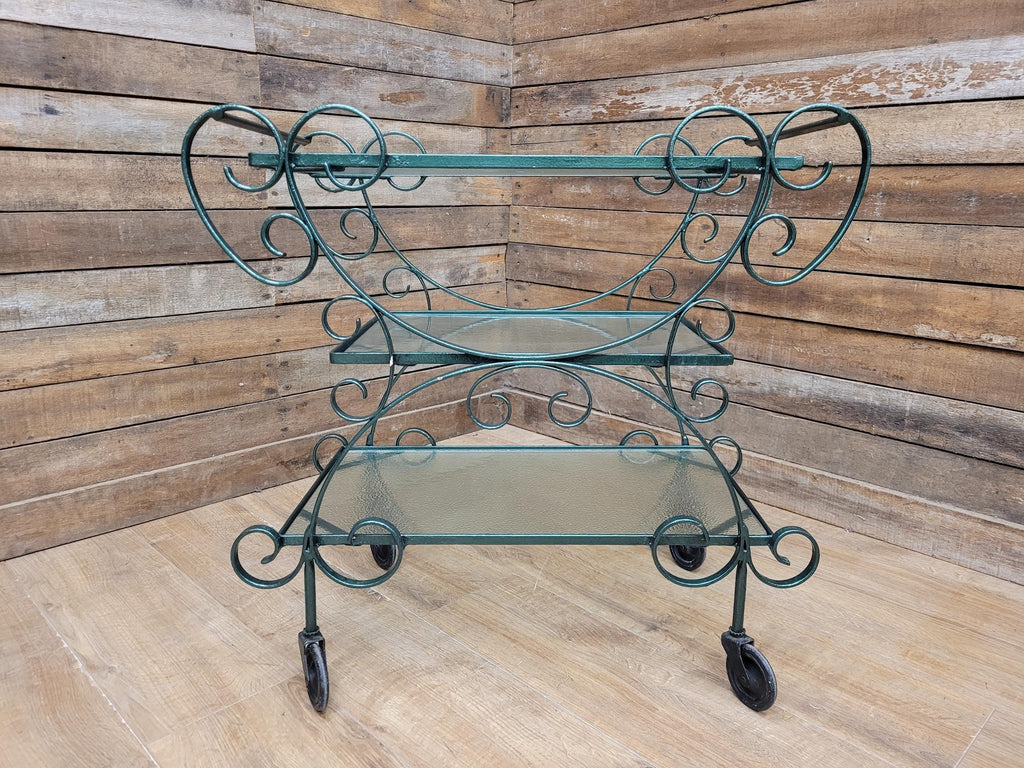 Vintage Wrought Iron Style Drinks Trolley Green Metal Frame Opaque Glass Shelves
