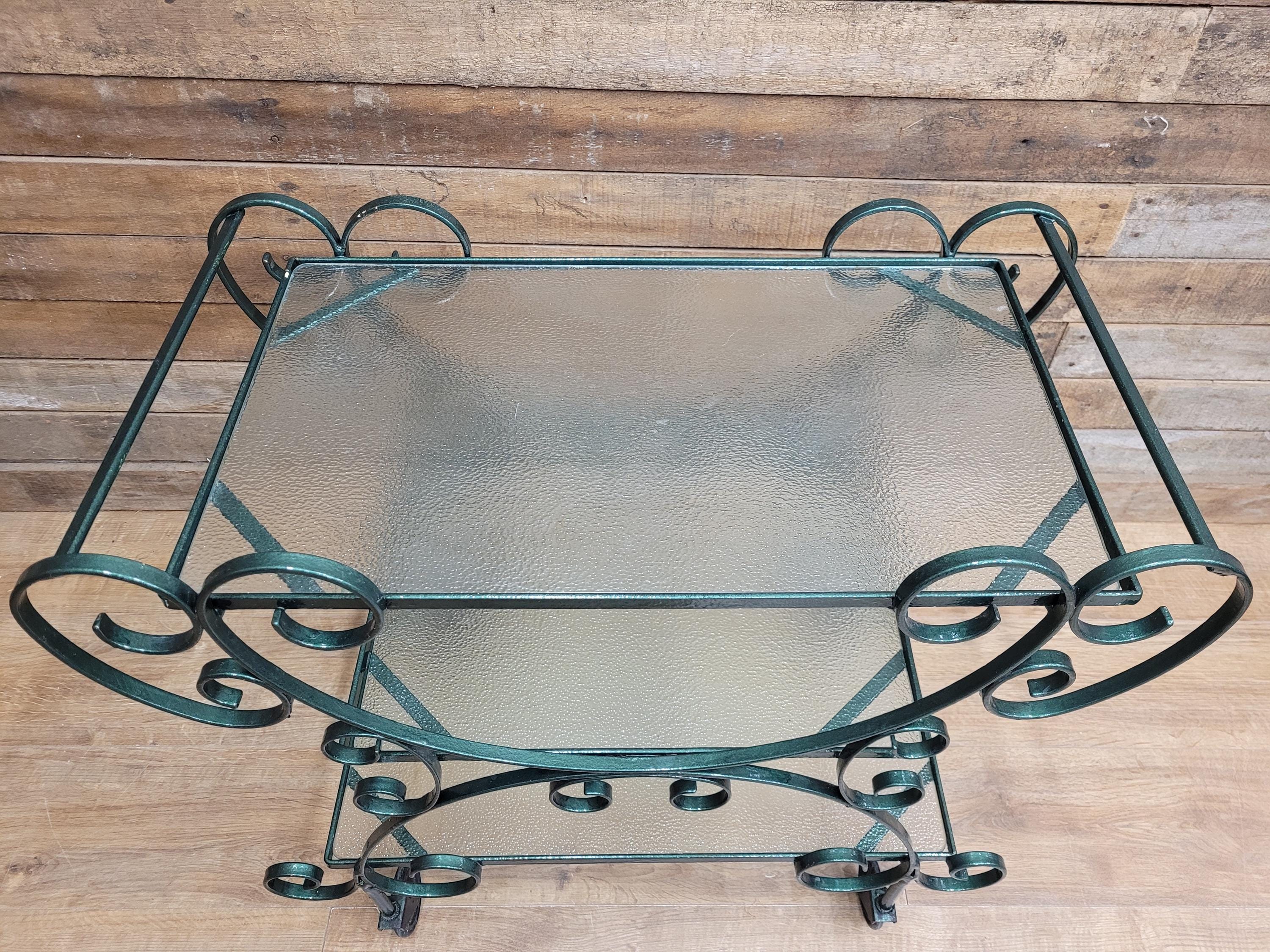Vintage Wrought Iron Style Drinks Trolley Green Metal Frame Opaque Glass Shelves