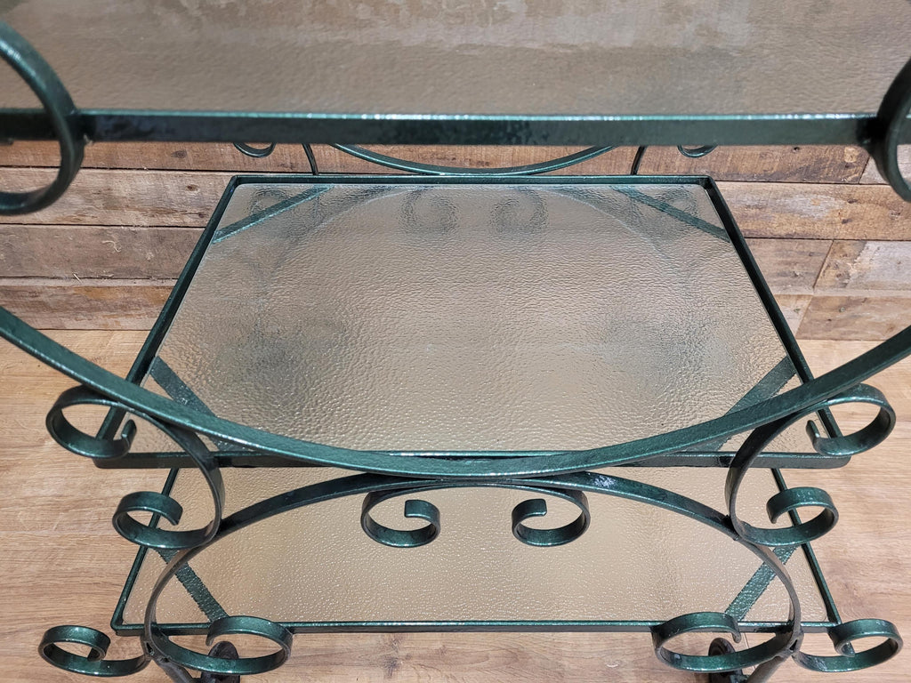 Vintage Wrought Iron Style Drinks Trolley Green Metal Frame Opaque Glass Shelves