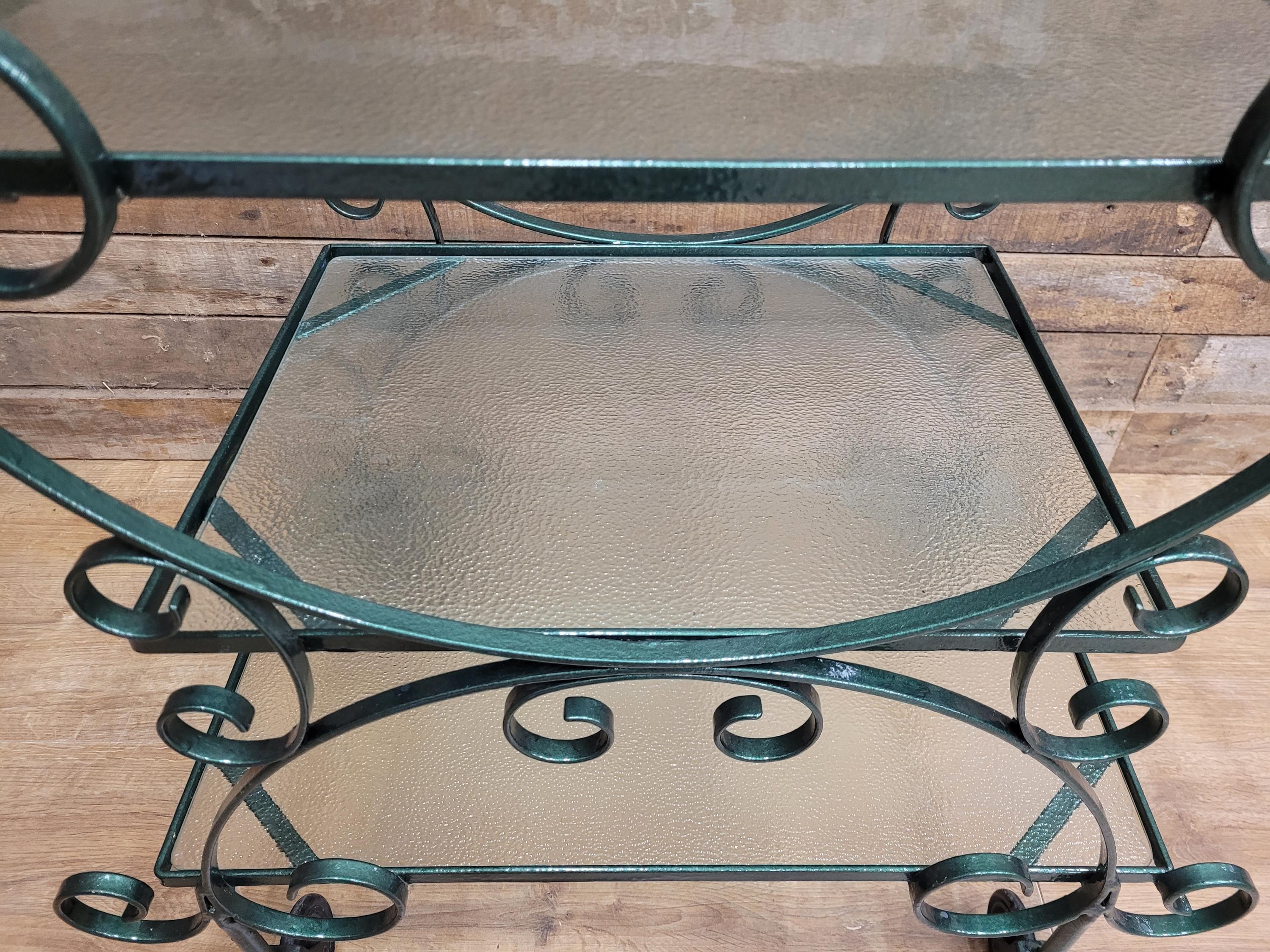 Vintage Wrought Iron Style Drinks Trolley Green Metal Frame Opaque Glass Shelves