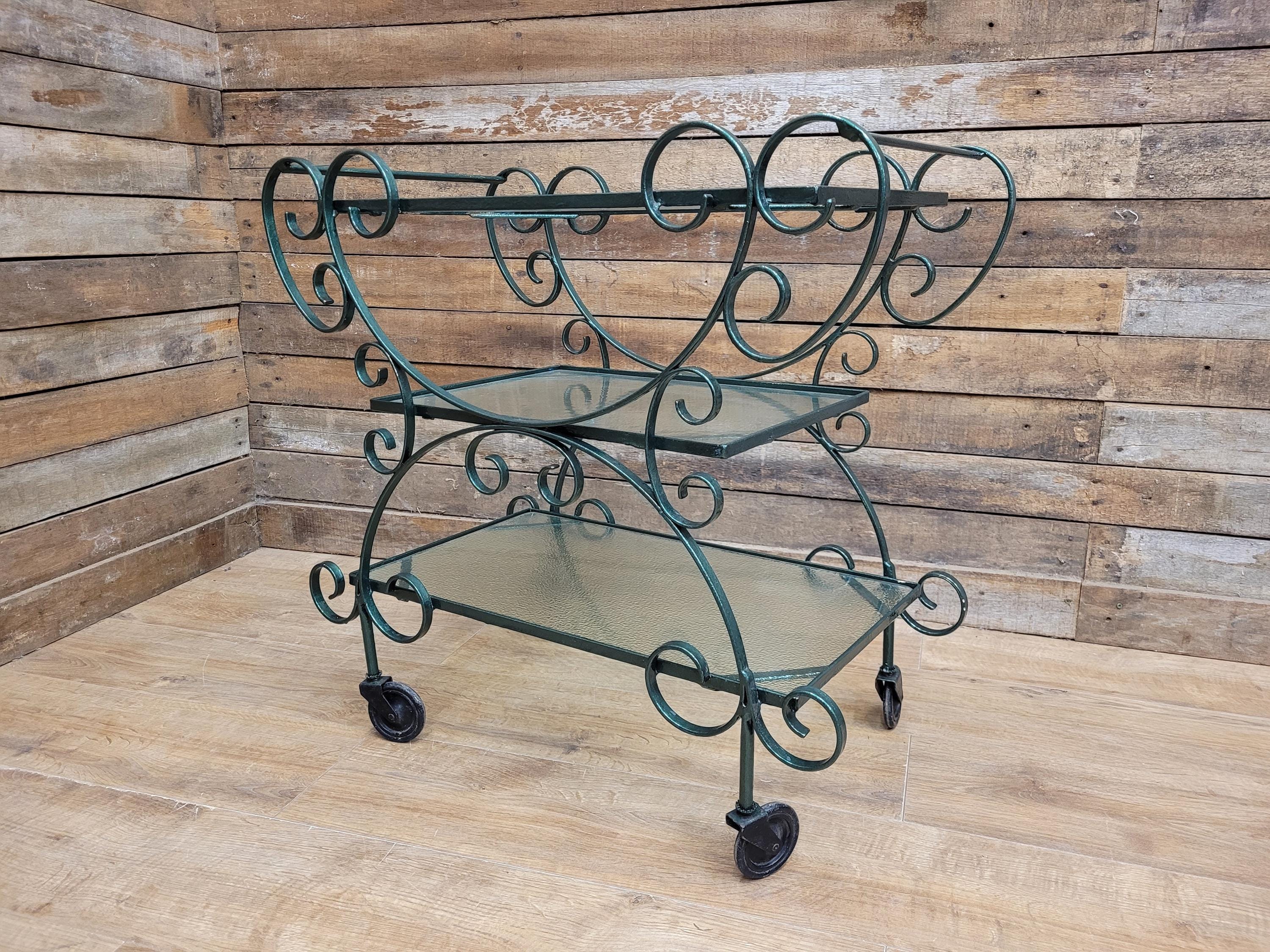Vintage Wrought Iron Style Drinks Trolley Green Metal Frame Opaque Glass Shelves