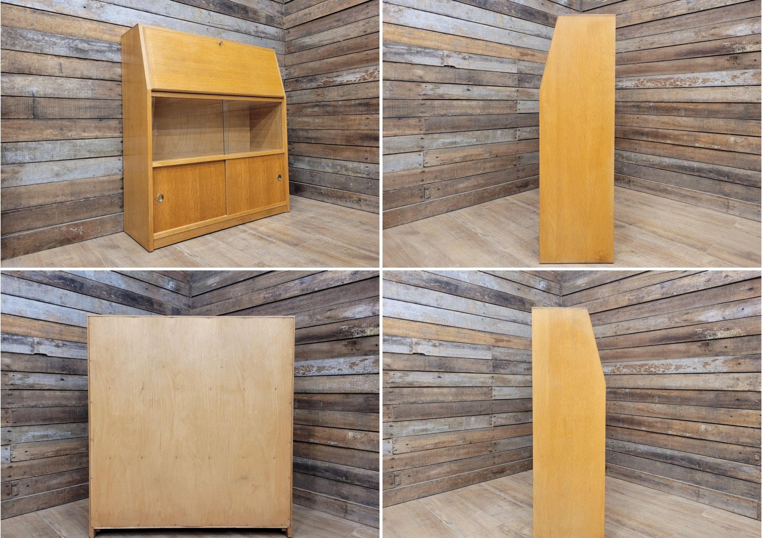 Retro Chic Mid Century Student Bureau Sliding Glass and Cupboard Doors