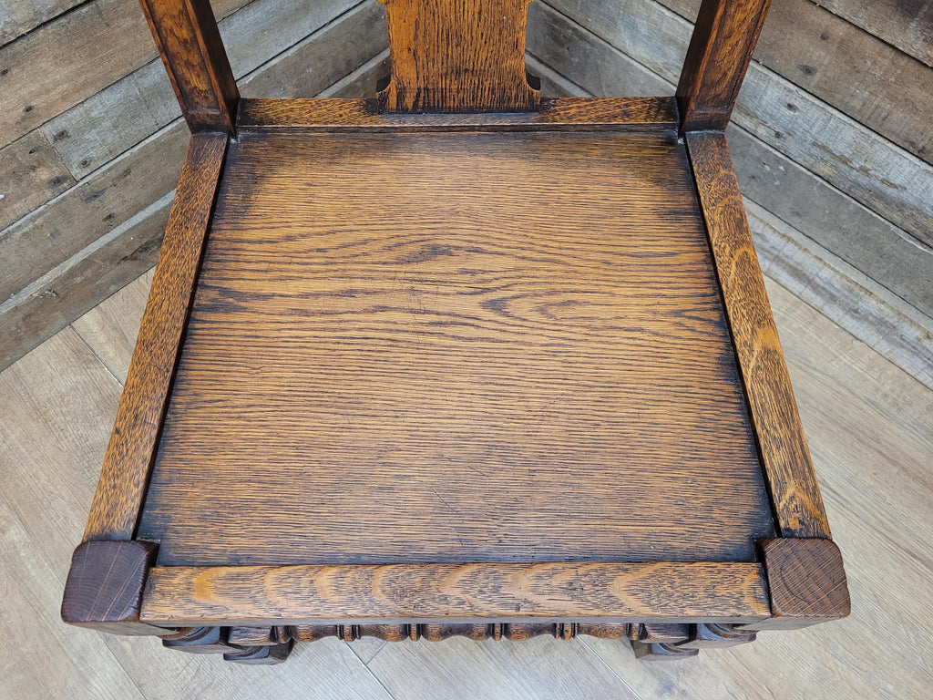 Antique Oak Hall Bedroom Chair – Early 20th Century Jacobean Revival