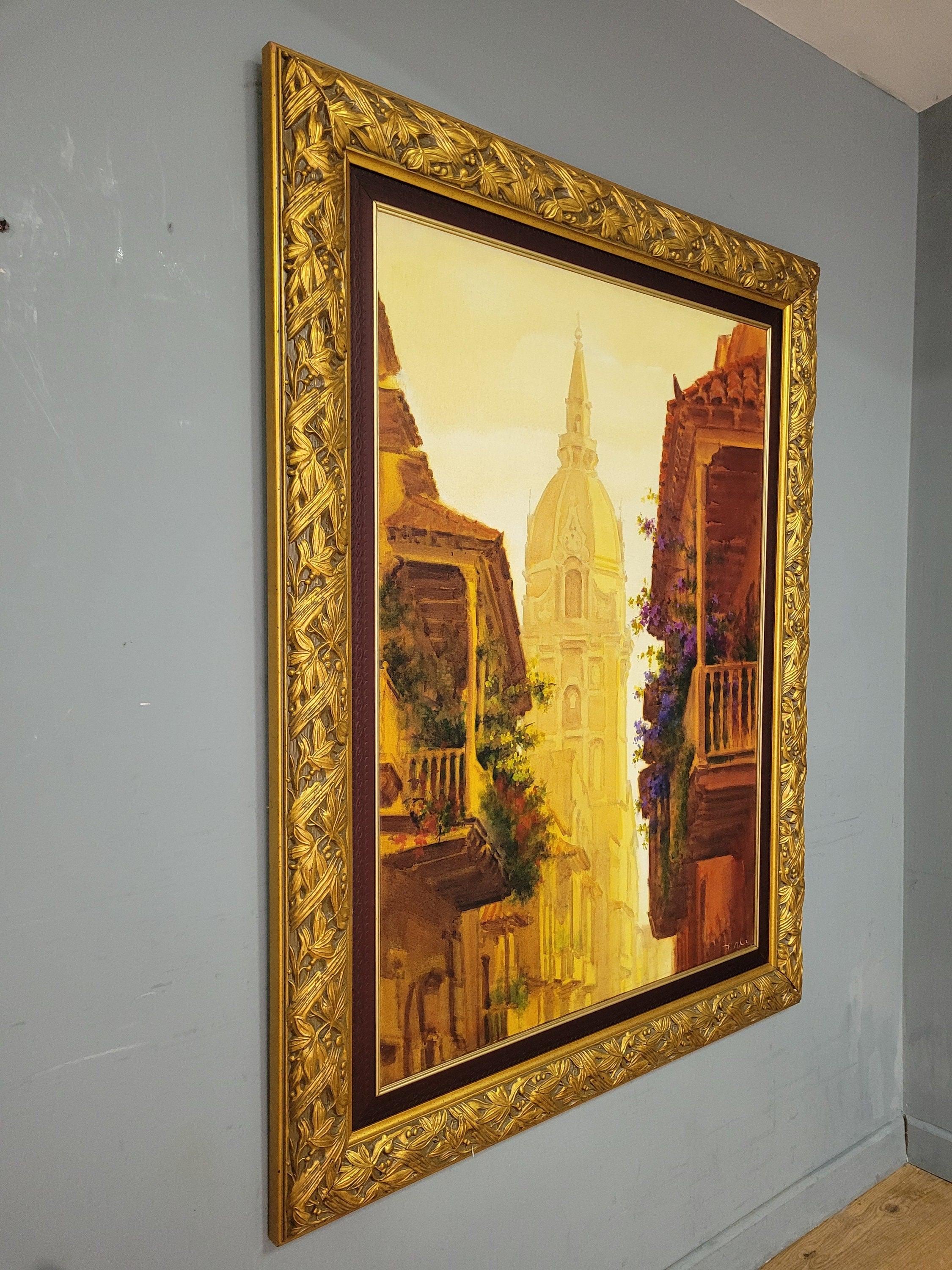 Very Large Ornate Gold Framed Original Painting The Cathedral of Cartagena #9