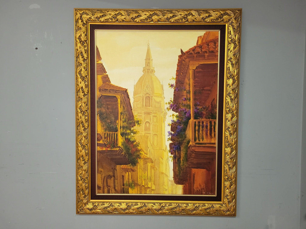 Very Large Ornate Gold Framed Original Painting The Cathedral of Cartagena #9