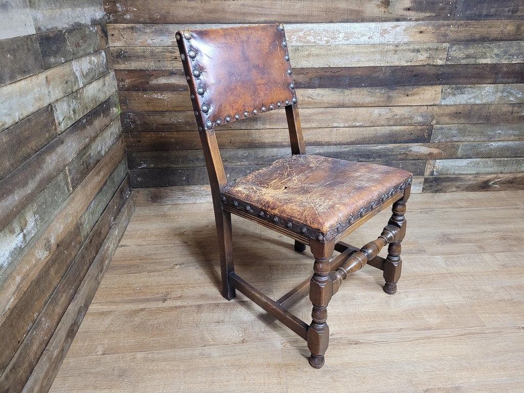 Vintage Elizabethan Style Oak Hall Or Bedroom Chair Distressed Tan Leather