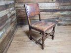 Vintage Elizabethan Style Oak Hall Or Bedroom Chair Distressed Tan Leather