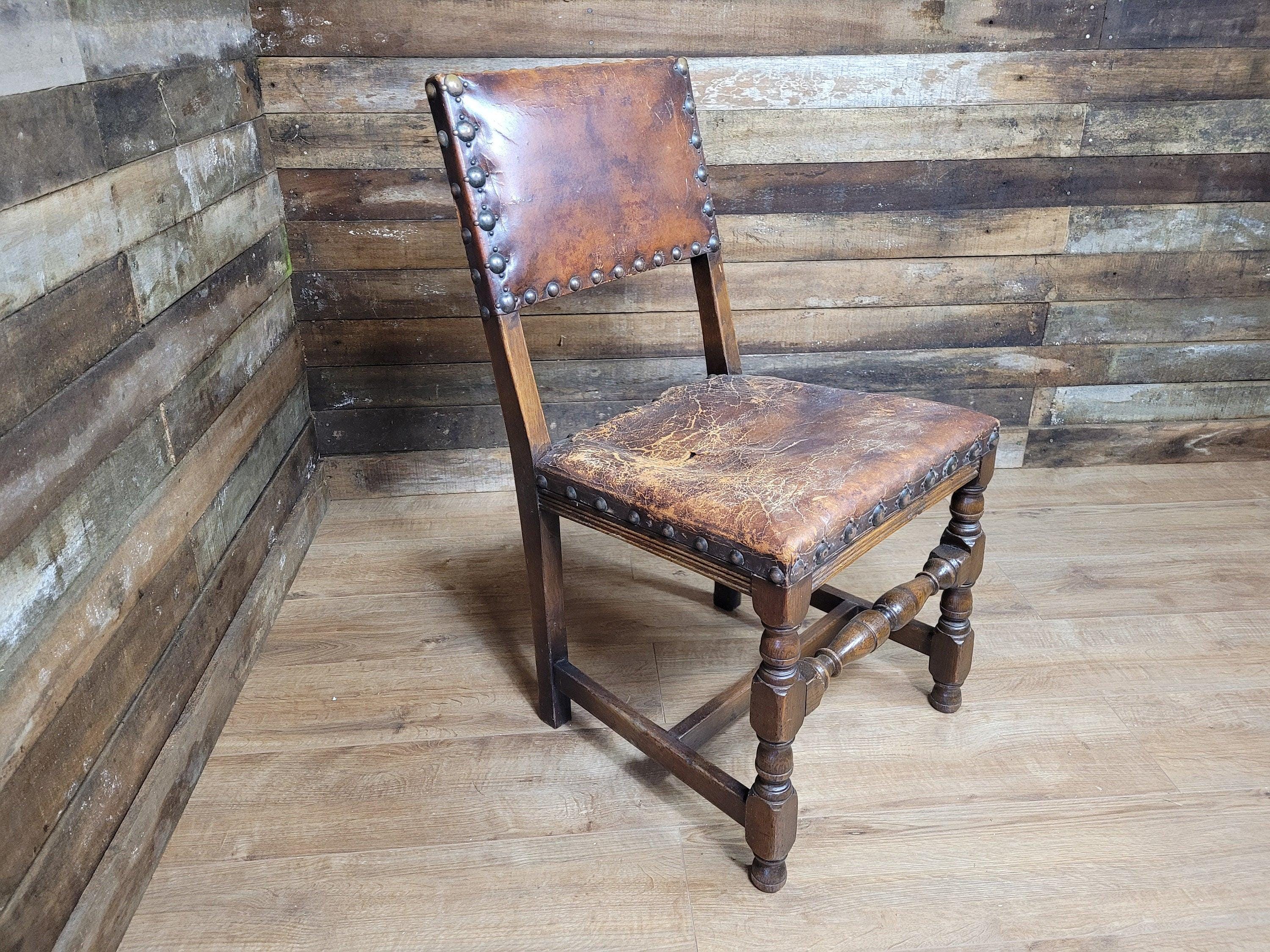 Vintage Elizabethan Style Oak Hall Or Bedroom Chair Distressed Tan Leather