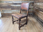 Vintage Elizabethan Style Oak Hall Or Bedroom Chair Distressed Tan Leather