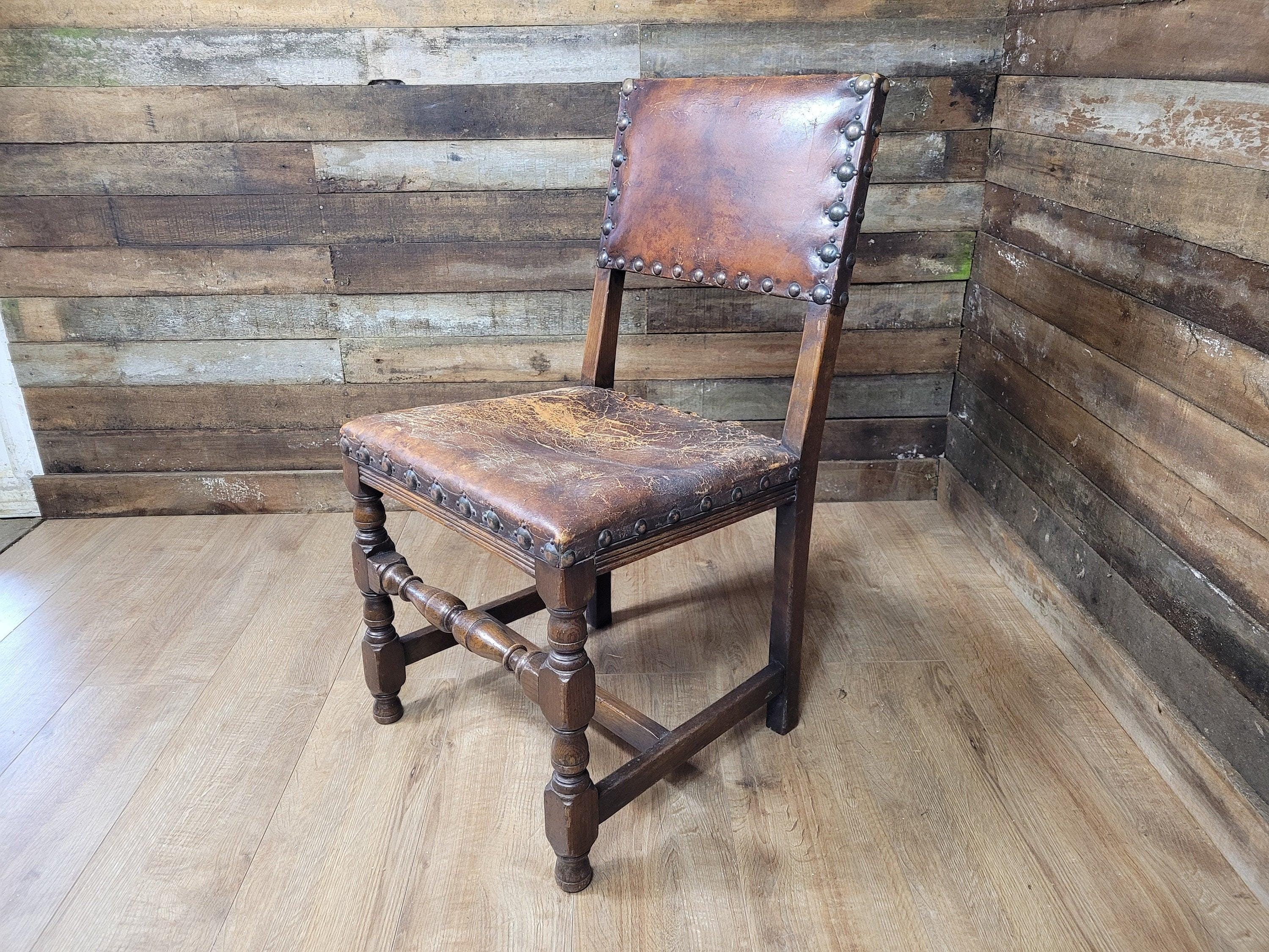 Vintage Elizabethan Style Oak Hall Or Bedroom Chair Distressed Tan Leather