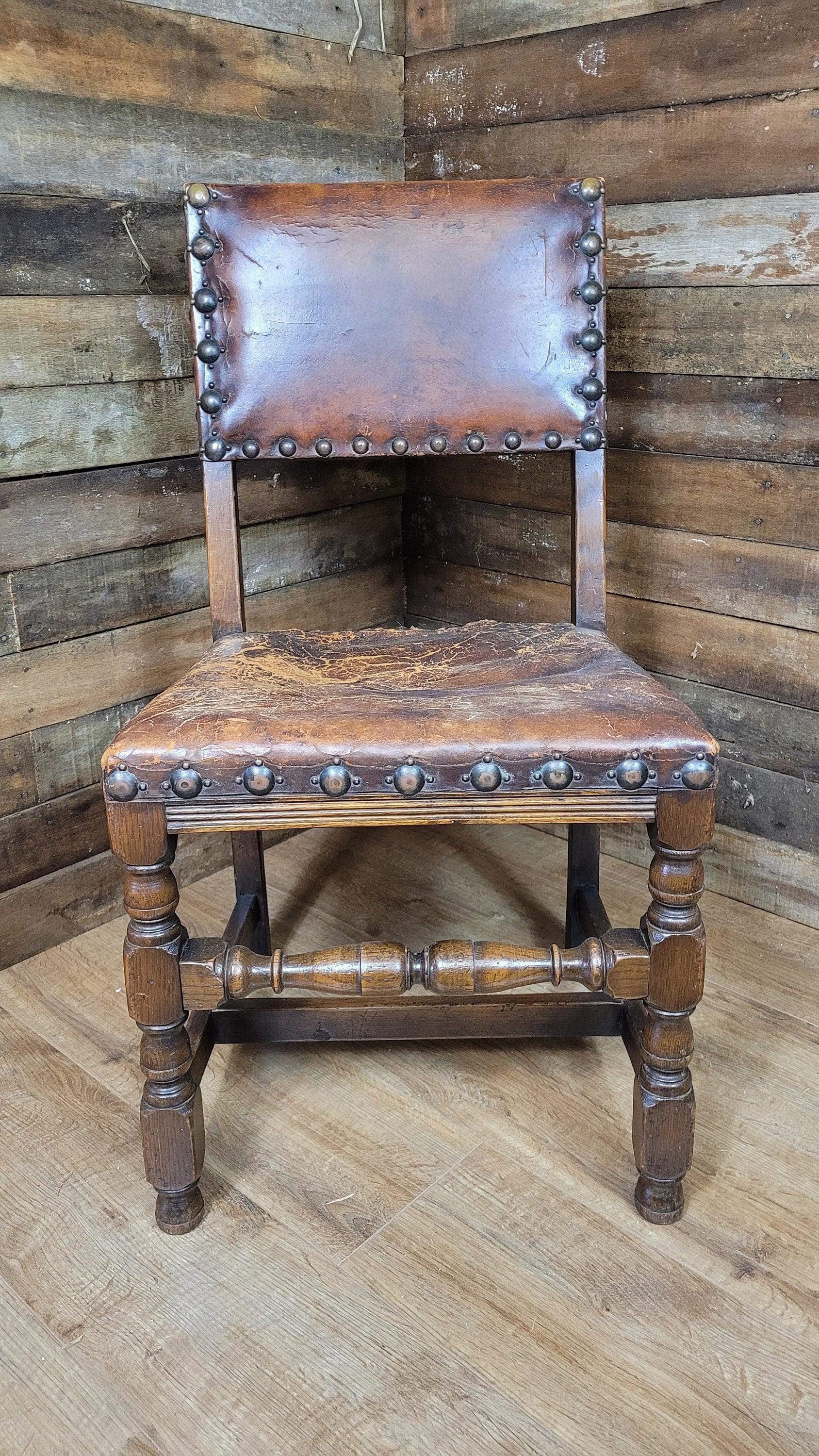 Vintage Elizabethan Style Oak Hall Or Bedroom Chair Distressed Tan Leather