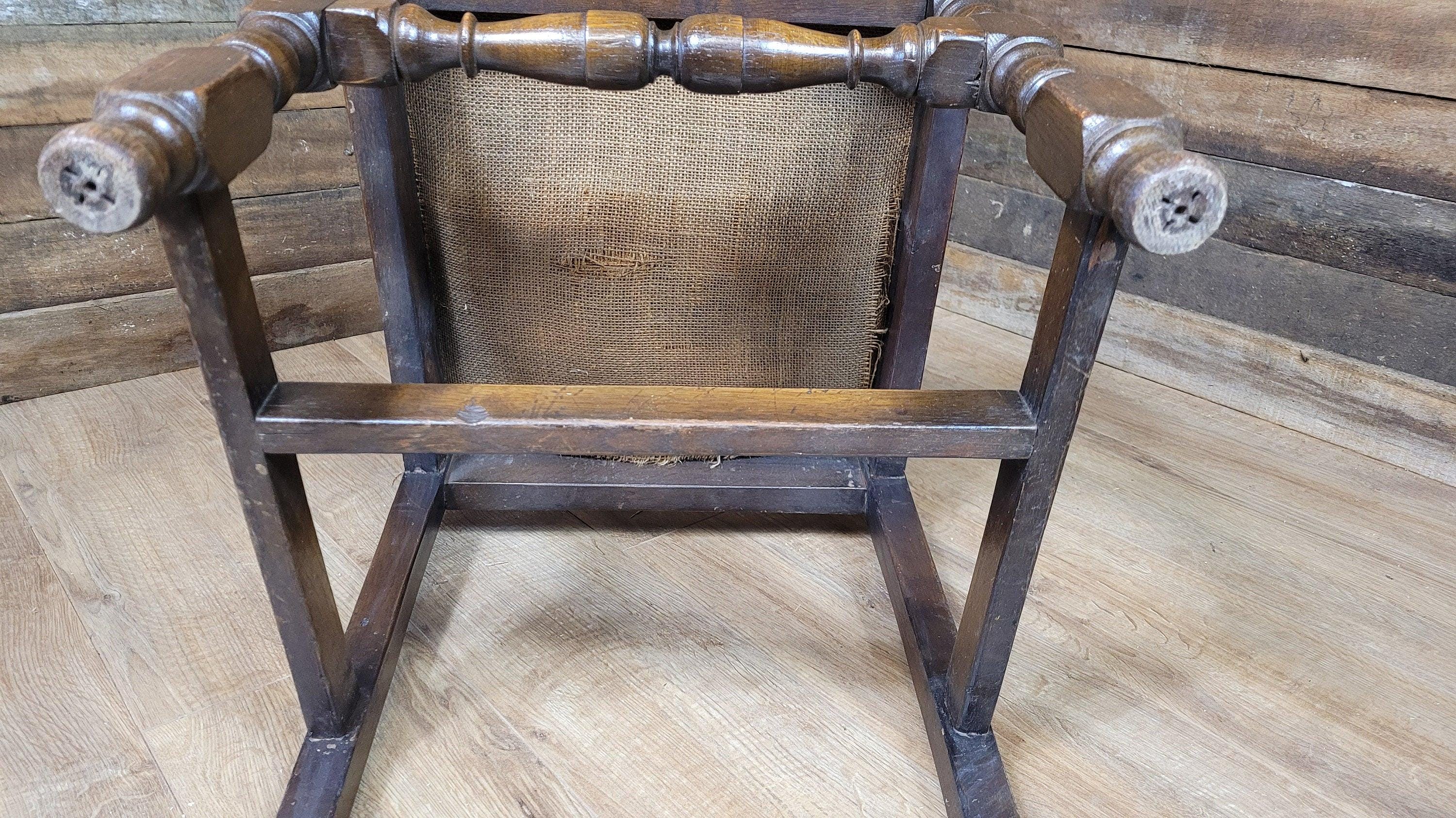 Vintage Elizabethan Style Oak Hall Or Bedroom Chair Distressed Tan Leather