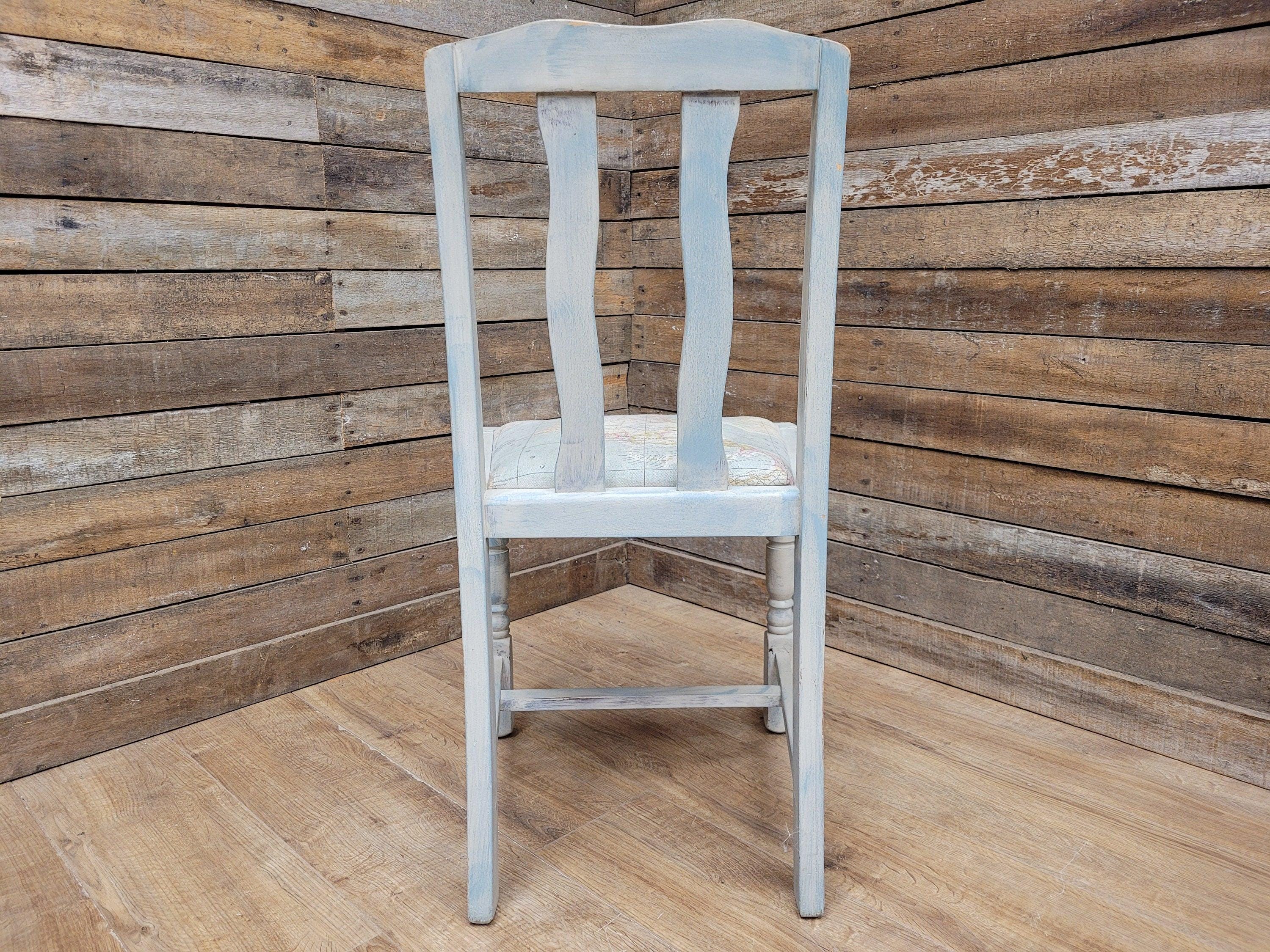 Vintage Distressed Duck Egg Painted Slat Back Chair Upholstered Map Fabric Seat
