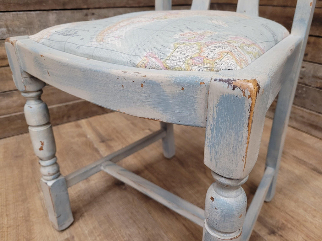 Vintage Distressed Duck Egg Painted Slat Back Chair Upholstered Map Fabric Seat