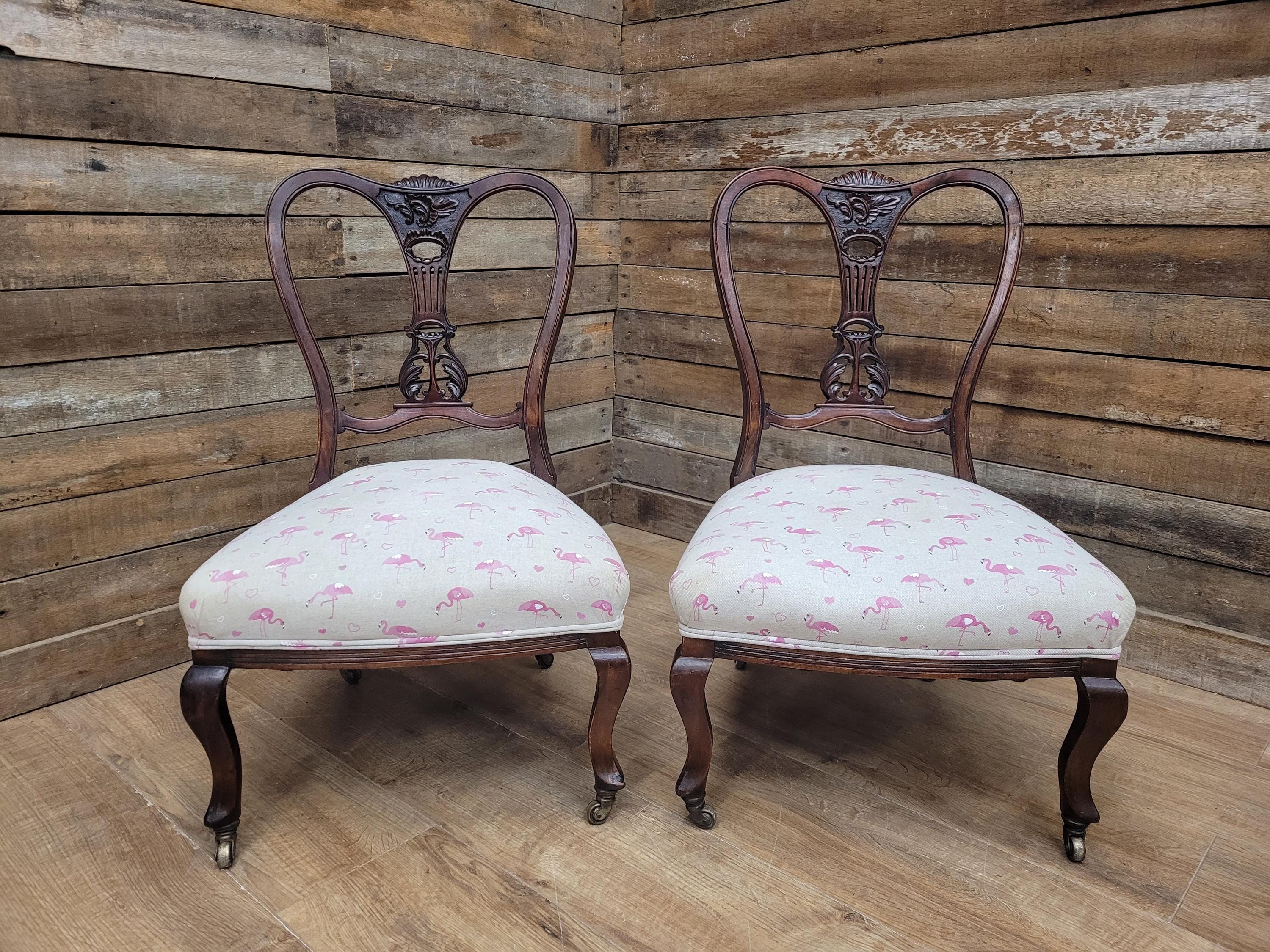 Pair Of Antique Victorian Mahogany Lyre Back Low Salon Chairs Bedroom Hall