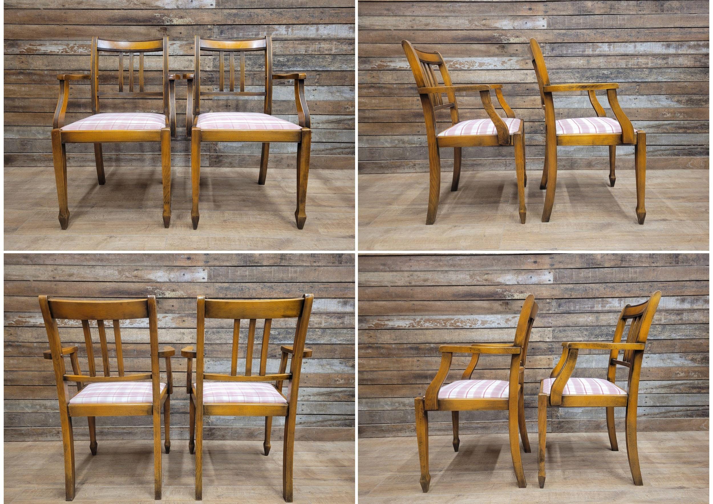 Set of 6 Vintage Dining Chairs with Pink Check Upholstery 20th Century