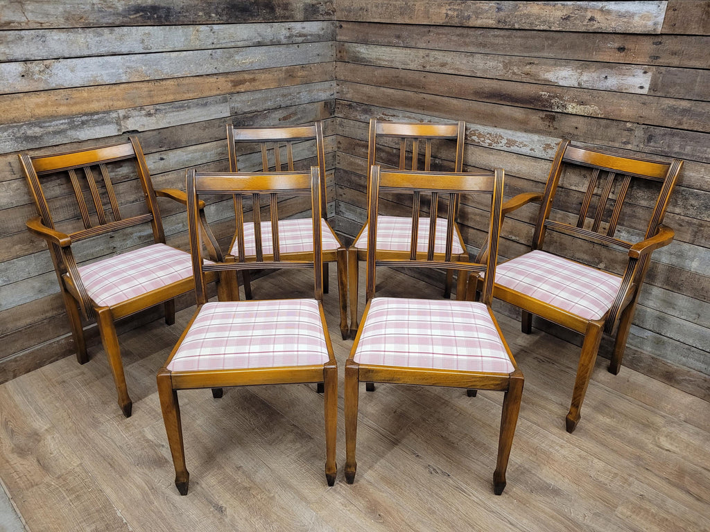 Set of 6 Vintage Dining Chairs with Pink Check Upholstery 20th Century
