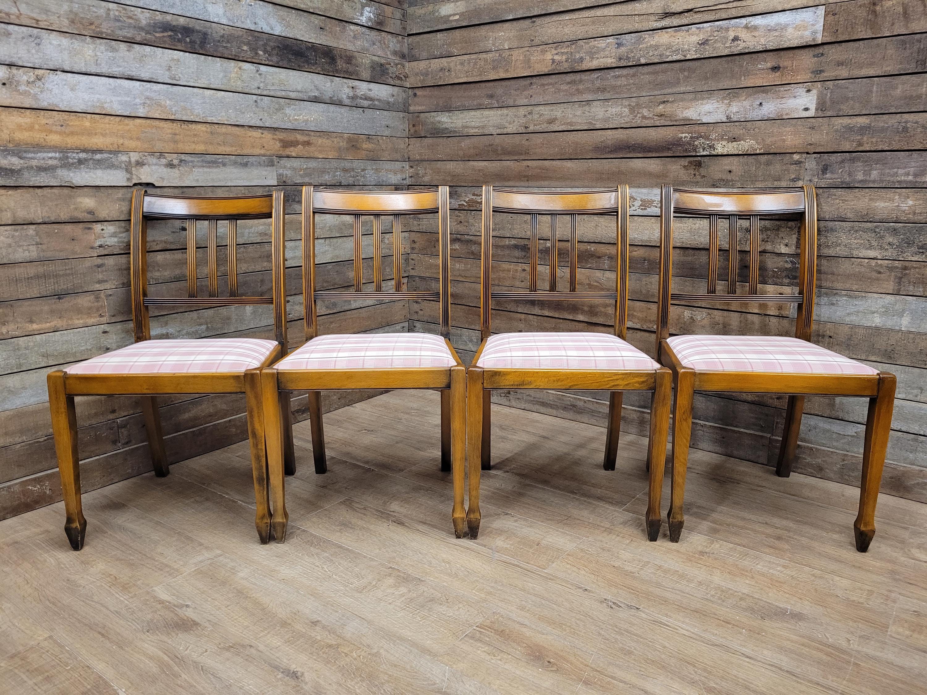 Set of 6 Vintage Dining Chairs with Pink Check Upholstery 20th Century
