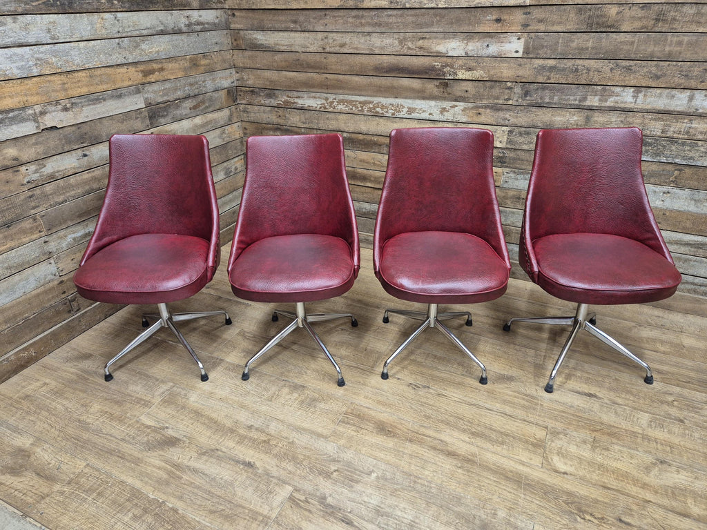 4 Vintage 1960s Retro Swivel Dining Chairs Red Vinyl Upholstery on Chrome Bases