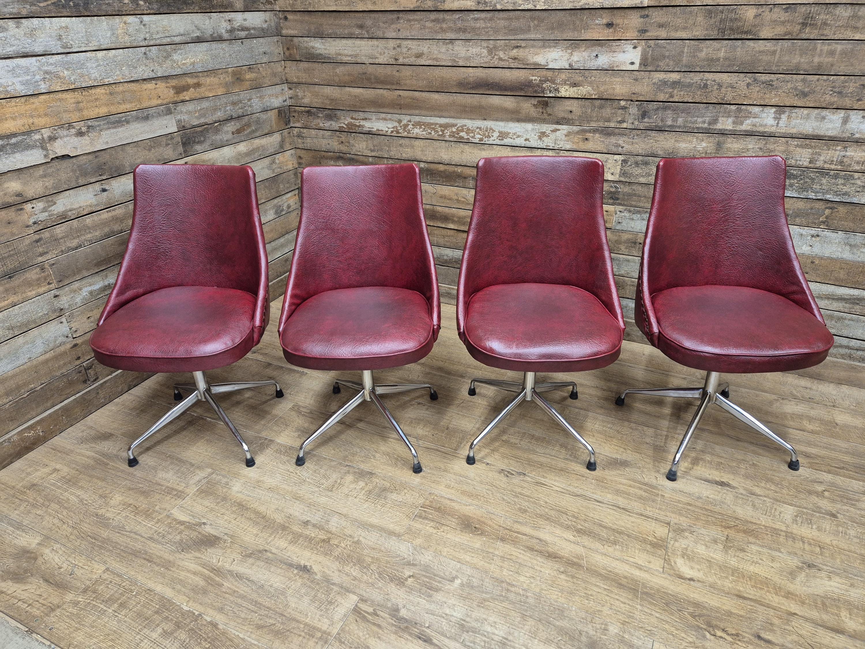 4 Vintage 1960s Retro Swivel Dining Chairs Red Vinyl Upholstery on Chrome Bases