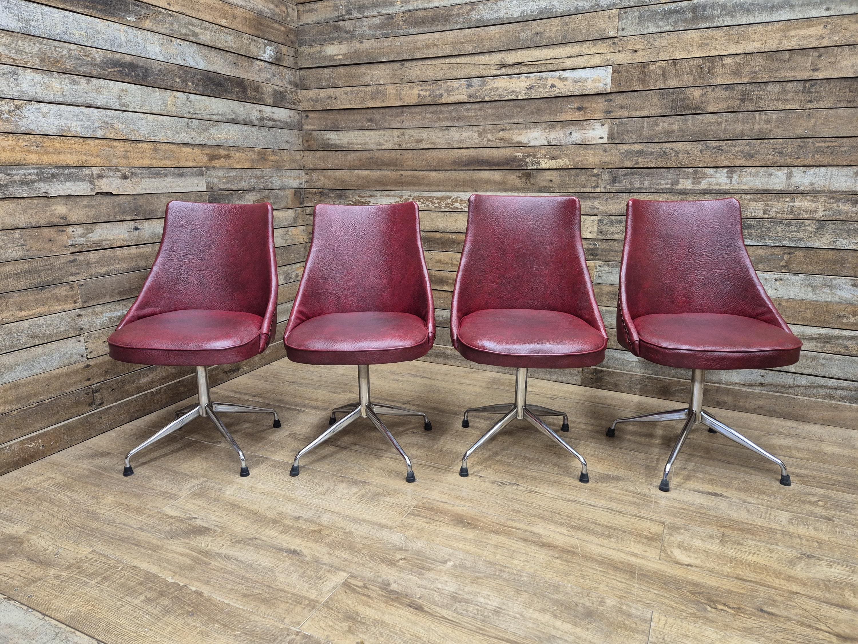4 Vintage 1960s Retro Swivel Dining Chairs Red Vinyl Upholstery on Chrome Bases