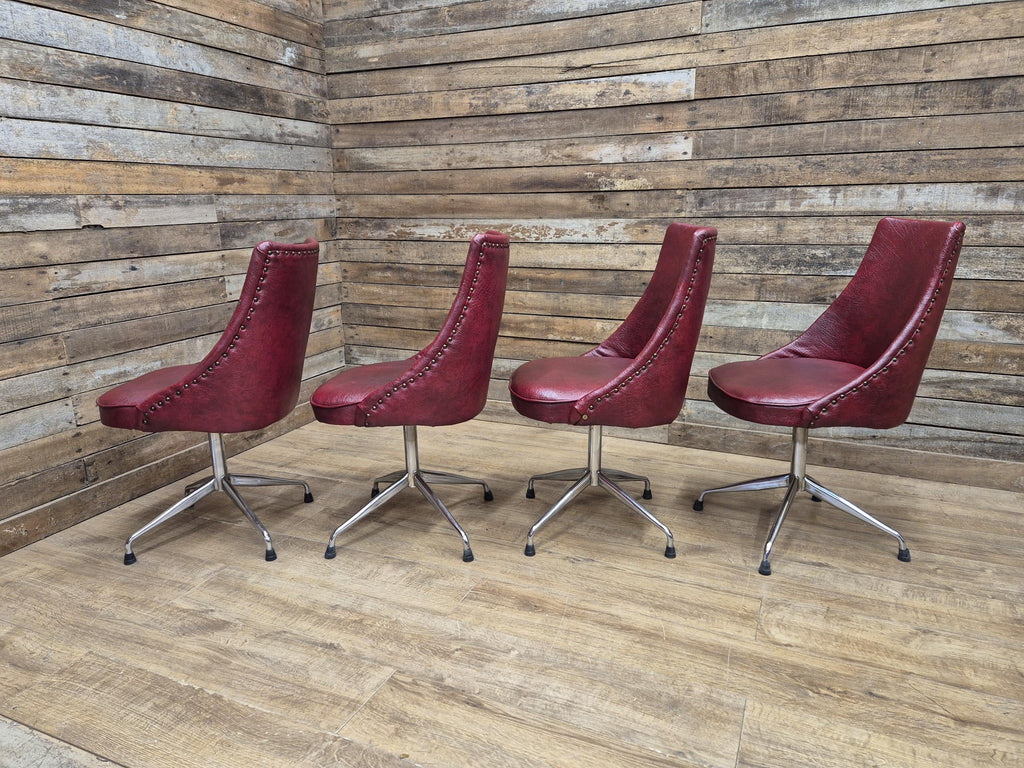 4 Vintage 1960s Retro Swivel Dining Chairs Red Vinyl Upholstery on Chrome Bases